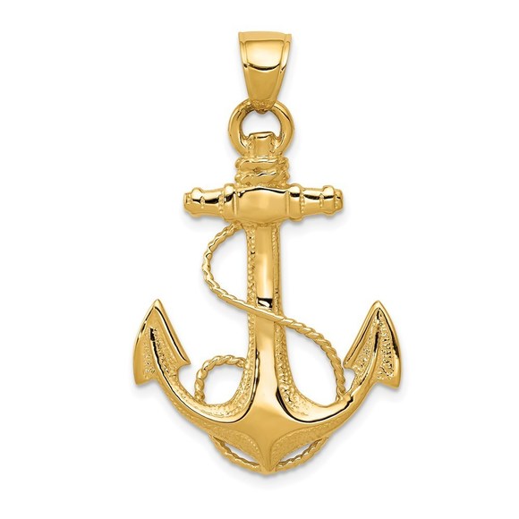 14k Yellow Gold Nautical 2-D Anchor with Rope Necklace Charm Pendant Unisex